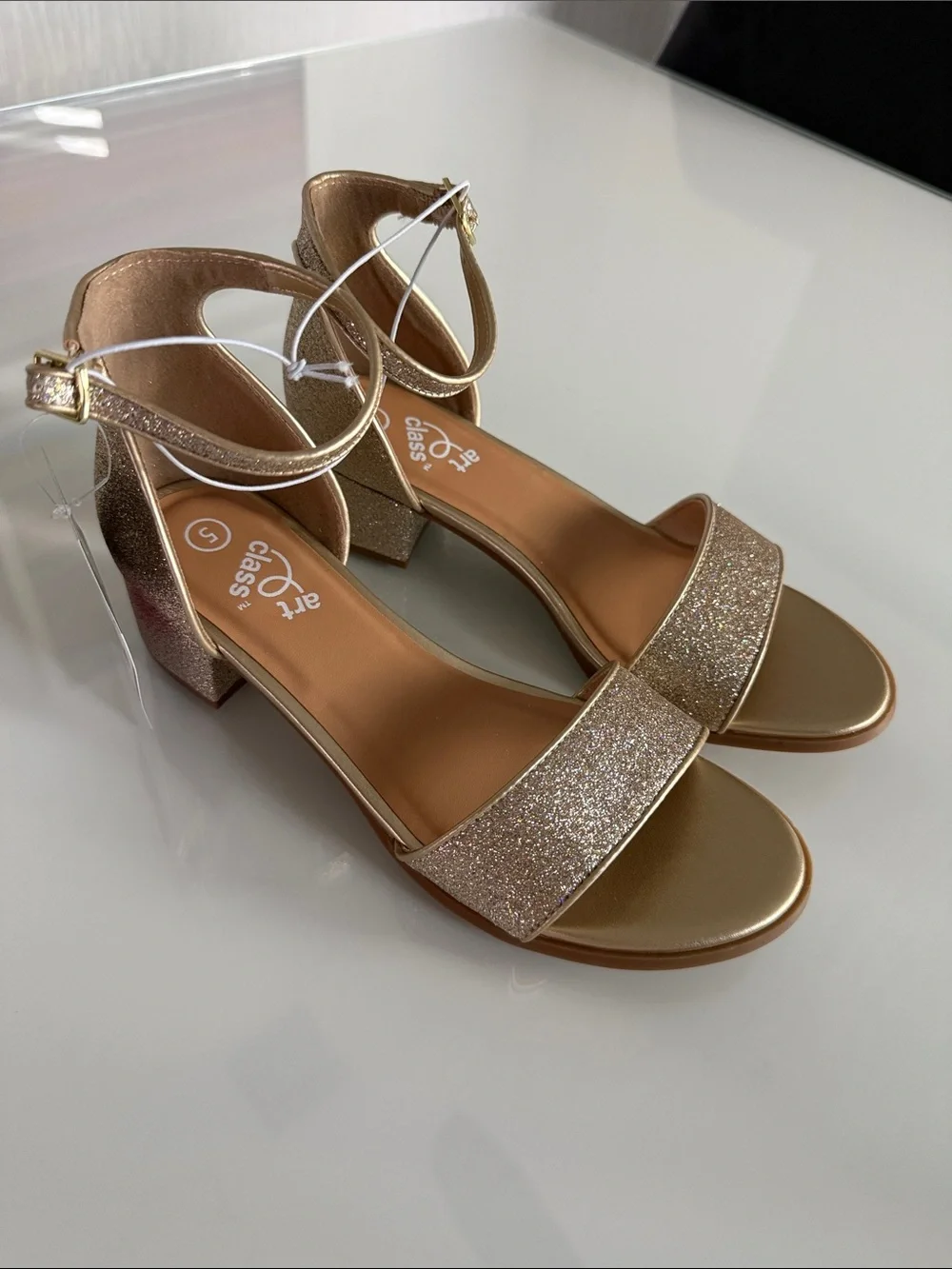 art class Girls Gold Glitter Block Heel Sandals
